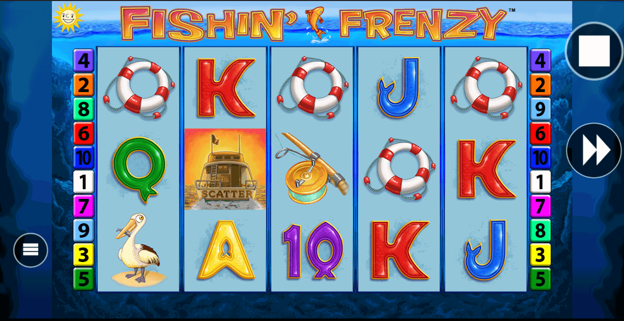 Fishin' Frenzy free games scene: the fisherman wild stands among fish marked with cash values while sunbeams cut through the blue underwater backdrop